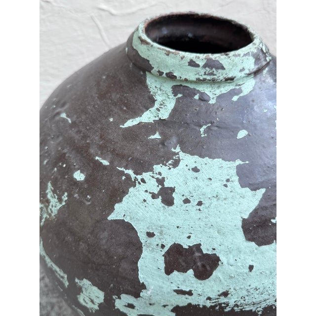 Antique Mexican Tinaja Water Jar With Peeling Celadon Paint, Oaxacan Folk Pottery, C. Early 20th Century For Sale - Image 4 of 10