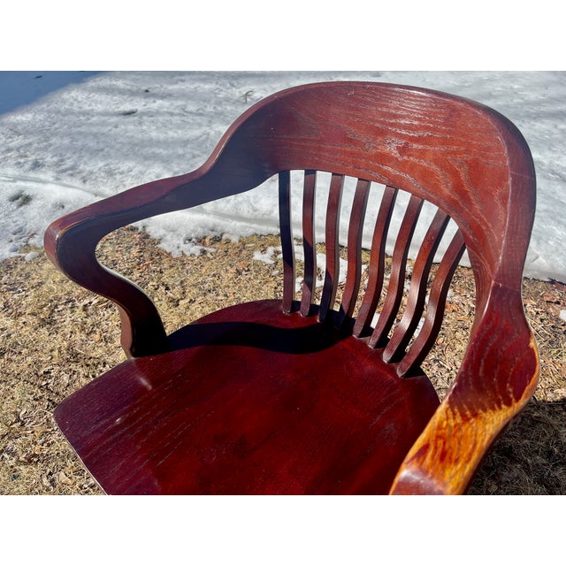 Oak Banker's Office Arm Chair Walnut Stained on Casters For Sale In Providence - Image 6 of 6