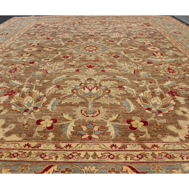 1980s Large Sultanabad Design Vintage Rug With Florals in Brown, Lt. Blue & Red 11' 10" X 14' 9" For Sale - Image 5 of 13