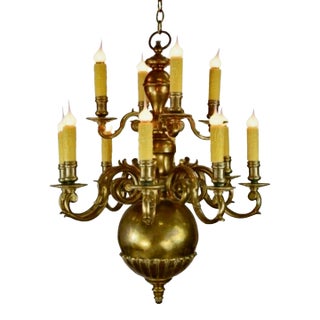 1990s Large Chapman Georgian Antique Brass 12 Arm Chandelier For Sale