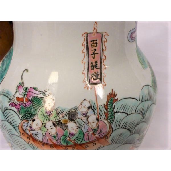 Light Green 1970s Classic Chinese Hand Painted Vase 100 Kids Playing in Temple Garden For Sale - Image 8 of 10