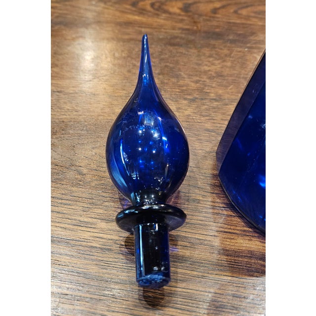 Vintage MCM Empoli Cobalt Blue Italian Glass Genie Bottle With Original Label For Sale In Charlotte - Image 6 of 9