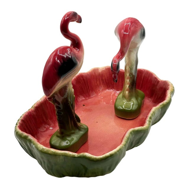 Mid-Century Modern California Pottery Ceramic Flamingo Figurine Set With Tropical Pond Tray - 3 Piece Set For Sale - Image 4 of 17