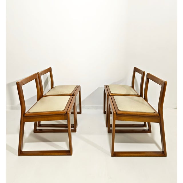 Curved Wood Chairs with Leather Seats, Italy, 1970s, Set of 4 For Sale - Image 10 of 12