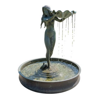 Mid 20th Century Elegant Verdigris Bronze Lady/Mermaid Garden Fountain With Basin For Sale