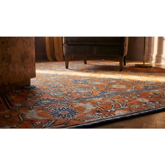 Superb Persimmon Color and Navy Border With Chinoiserie Pattern Antique Chinese Kansu Rug For Sale - Image 13 of 14
