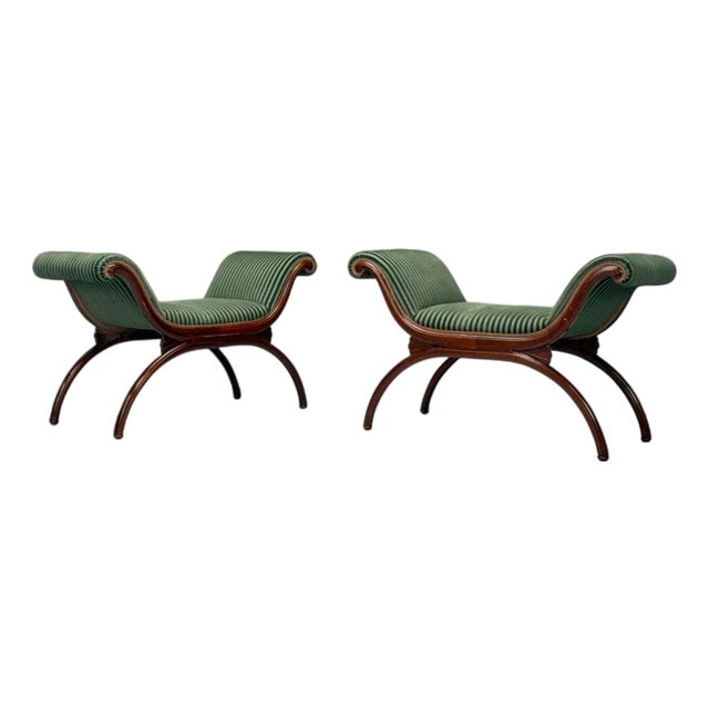 Hollywood Regency Style, Stained Wood, Green Fabric, Benches, Usa, 1980s - Set of 2 For Sale