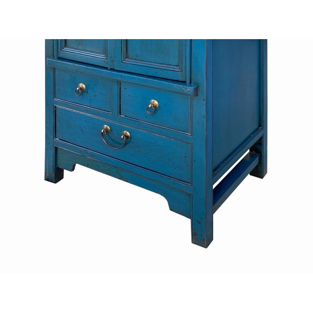 Oriental Dark Teal Blue Narrow Wood Detail Door Drawers Storage Cabinet For Sale In San Francisco - Image 6 of 7