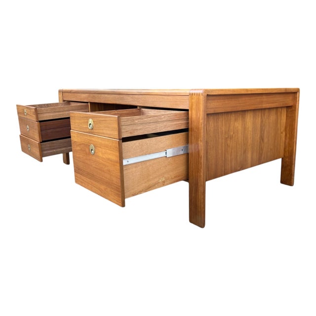 Wood Mid-Century Modern Teak Executive Desk – Danish Style Double Pedestal Desk With Brass Pulls For Sale - Image 7 of 17