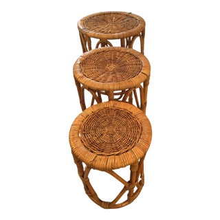 Mid-Century Rattan/Wicker Nesting Tables - 3 For Sale