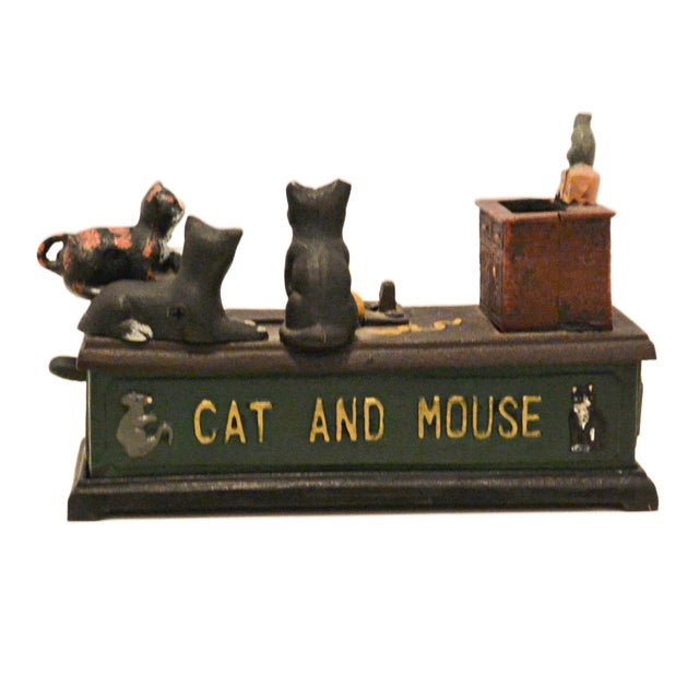 Metal Vintage-Style Cast Iron Mechanical "Cat and Mouse" Coin Bank - Whimsical Folk Art For Sale - Image 7 of 10
