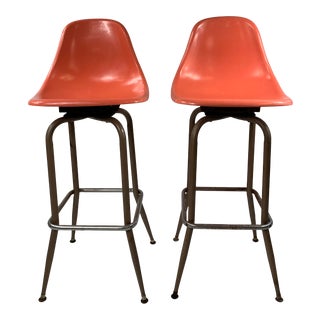 Mid-Century Modern Swivel Orange Shell Bar Stools - a Pair For Sale