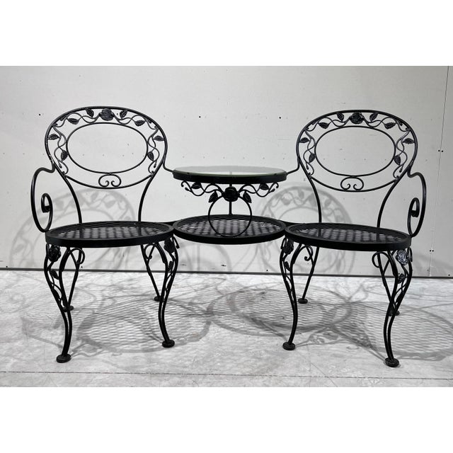Woodard Furniture Tete-A-Tete Wrought Iron Outdoor Chantilly Rose Tete a Tete Chair Bench Loveseat For Sale - Image 11 of 11