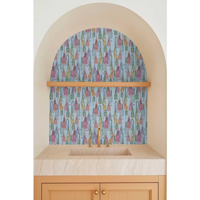 Textile Tassel Trellis Grasscloth Wallpaper by House Party | Silk Ribbon Blue | 6 Yards For Sale - Image 7 of 8
