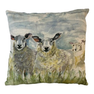 16" Square Decorative Toss Pillow Embellished With a Group of Inquisitive Sheep - Made in the U K For Sale