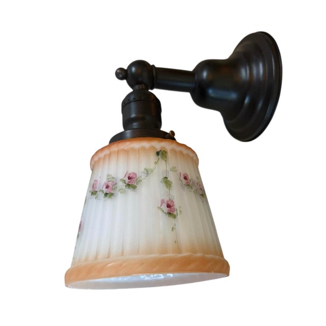 Victorian Vintage Hand Painted Fluted Cast Glass Wall Sconce With Flowers and Vines For Sale - Image 3 of 7