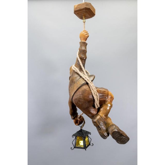 Large German Black Forest Carved Wood Mountaineer with Lantern, 1950s For Sale - Image 15 of 18