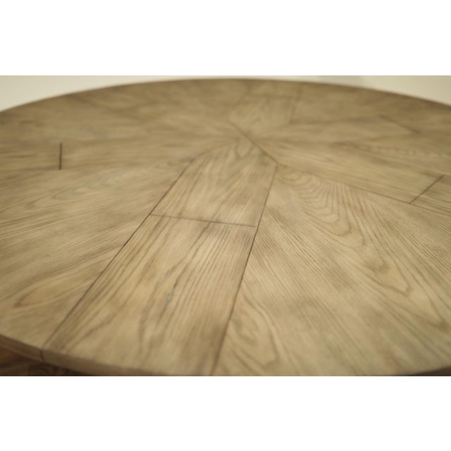 Tan 64"-84" Round Transitional Gray Oak Jupe Table With Hammered Iron Pedestal Base. For Sale - Image 8 of 9