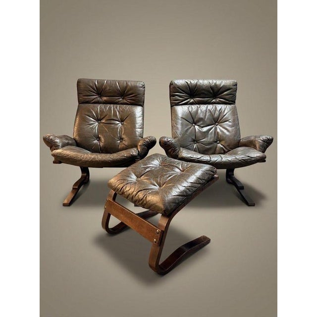 Norwegian Leather Lounge Chair Set from Rykken & Co, 1970s For Sale - Image 11 of 11