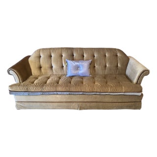 Vintage 1970s DeVille Gold & Silver Tufted Velvet Sofa With Wooden Block Legs For Sale