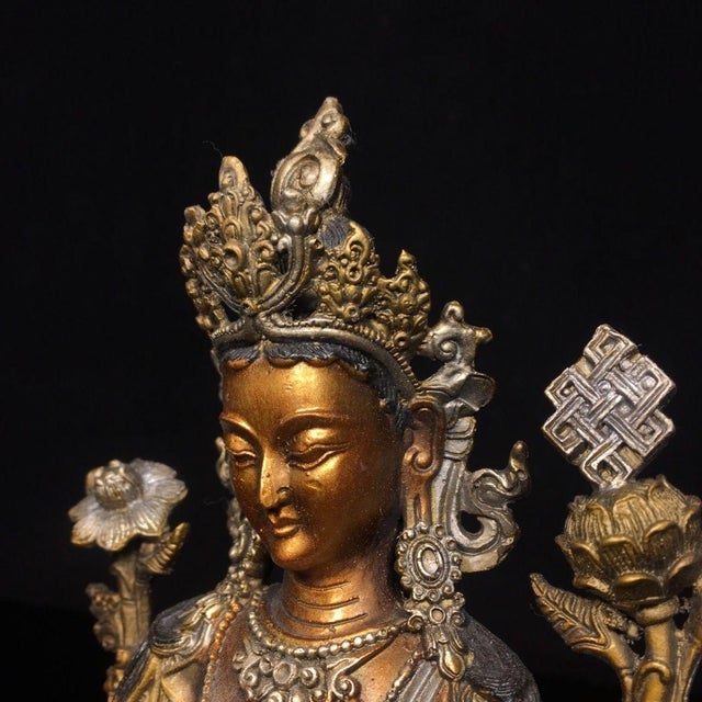 Late 19th Century Late 19th Century Gilt Bronze Green Tara Statue, Tibetan Buddhist Figure, 1kg For Sale - Image 5 of 9