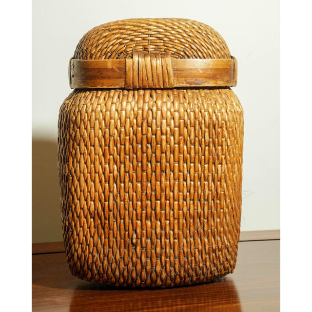 Vintage Chinese Willow Woven Fisherman Basket Asian Storage Container For Sale - Image 4 of 11