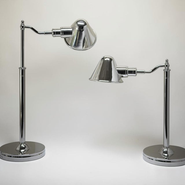 Contemporary Pair of Ralph Lauren Polished Nickel Chrome Pharmacy Desk Lamps For Sale - Image 3 of 7