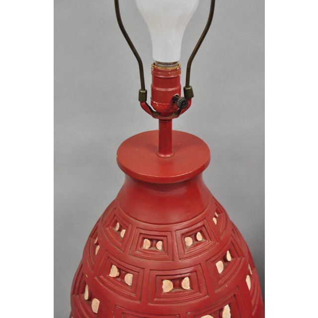 Mid Century Modern Space Age Red Ceramic Beehive Large Table Lamps - A Pair For Sale In Philadelphia - Image 6 of 12