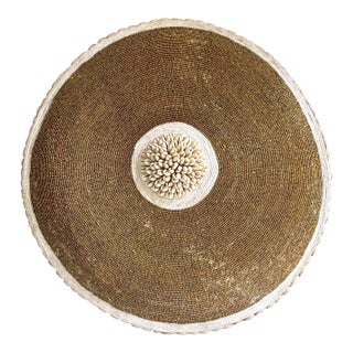 Vintage African Bamileke Tribe Beaded & Shell Round Wooden Shield 20.5" D For Sale