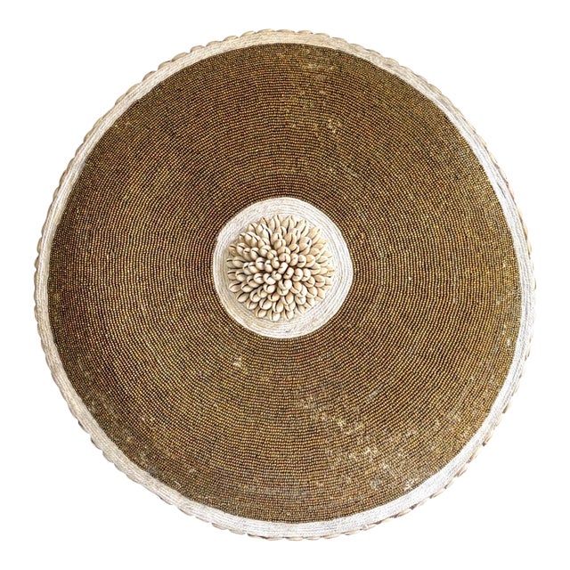 Vintage African Bamileke Tribe Beaded & Shell Round Wooden Shield 20.5" D For Sale