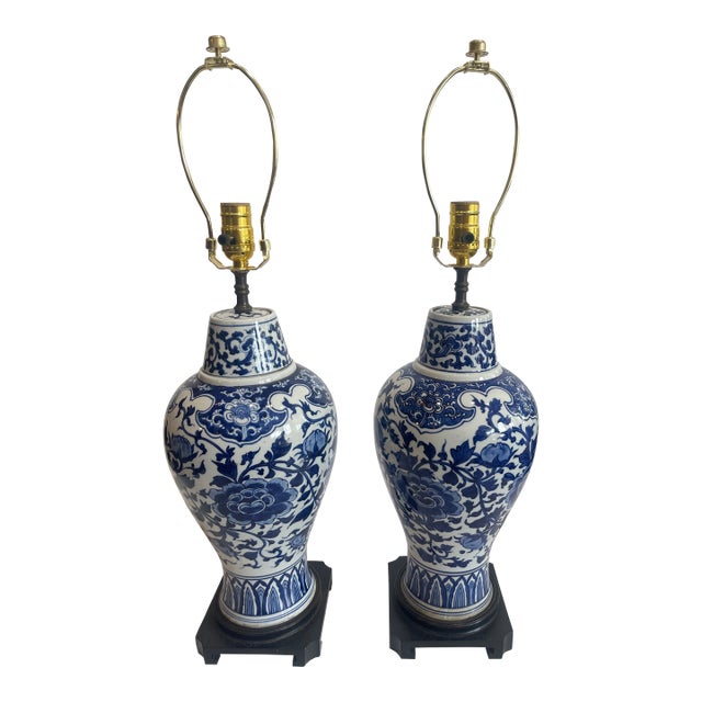 Antique Blue & White Chinese Porcelain Lamps, Hong Kong - a Pair For Sale