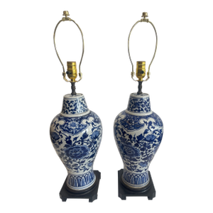 Pair Chinese Blue & White Porcelain Lamps, Hong Kong