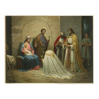 German Devotional Press, Holy Family and Three Kings, 1900s, Chromolithograph on Paper For Sale