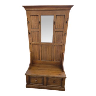1990s Ethan Allen Logan Hall Tree Seat New Country Bench Coat Rack Trunk Mirror For Sale