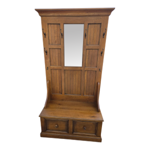 1990s Ethan Allen Logan Hall Tree Seat New Country Bench Coat Rack Trunk Mirror