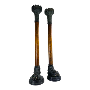 Oversized Vintage Bronze and Burled Walnut Candlesticks by Theodore Alexander