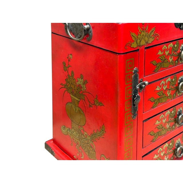 Chinese Oriental Red Dragon Phoenix Mirror Rectangular Jewelry Box For Sale In San Francisco - Image 6 of 13