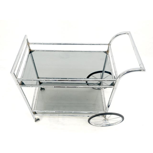 Late 20th Century Italian Chrome Faux Bamboo Smoked Glass Two Tiers Serving Cart Bar Table MINT For Sale - Image 5 of 11