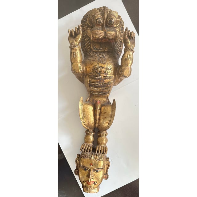 Antique Early 20th Century Yali Gilt Wood South India Indian Simha Lion Statue Wall For Sale - Image 4 of 10