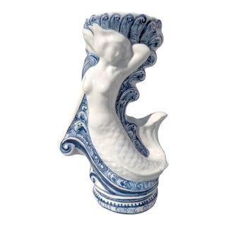 Early 20th Century Mermaid Figural Vase Hand Painted With Blue Chinoiserie For Sale