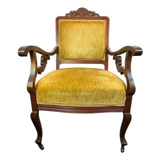 Late Victorian Carved Mahogany Armchair in Gold Velvet, Circa 1890–1910 For Sale