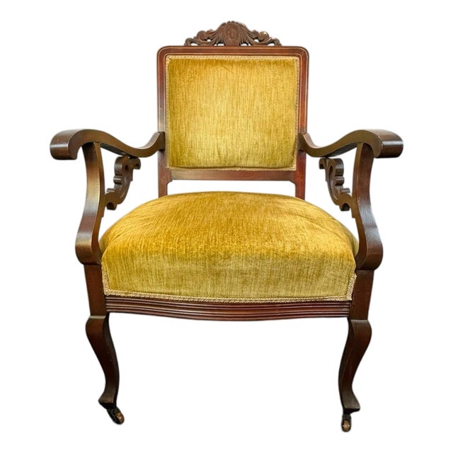 Late Victorian Carved Mahogany Armchair in Gold Velvet, Circa 1890–1910 For Sale