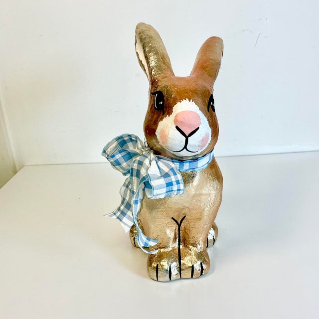 1980s Vintage Arts & Crafts Boho Chic Foil Covered Hand-Painted Papier Mache’ Bunny - Easter For Sale - Image 4 of 18