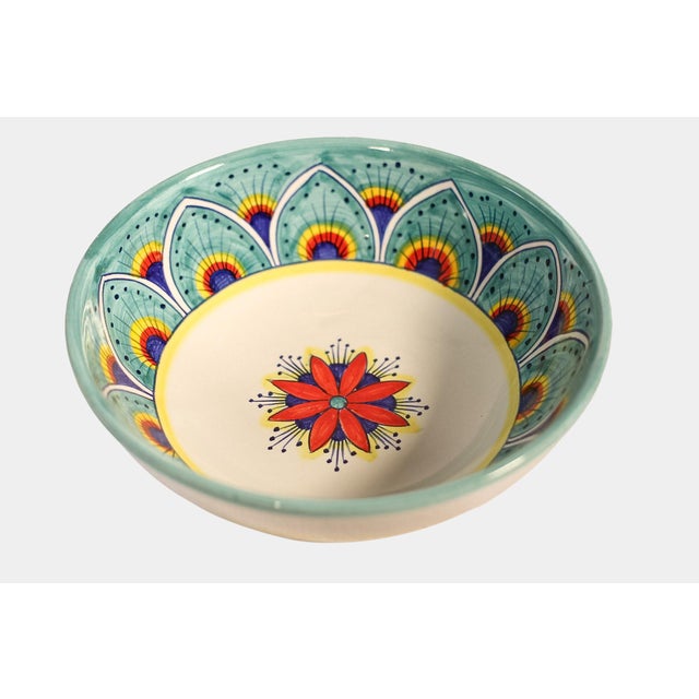 Italian Intreccio Teal Deep Pasta & Soup Bowl | Hand-Painted Italian Pasta Bowl From Deruta For Sale - Image 3 of 4