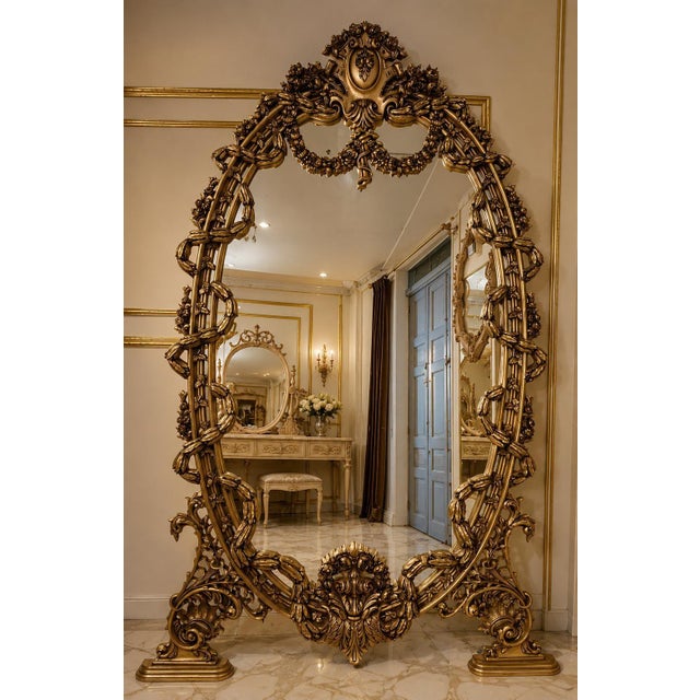 French Monumental French Louis XVI Gilt Floor Mirror- 8 ft For Sale - Image 3 of 4