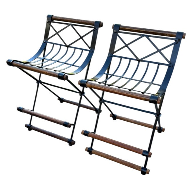 Cleo Baldon Mid 20th Century Pair of Campaign "X" Wrought Iron and Oak Bar Stools After Cleo Baldon by Continental Metal Furniture Co For Sale - Image 4 of 13