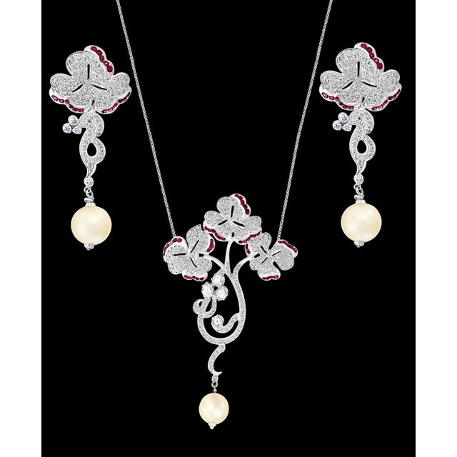 White Pearl Ruby and Diamond Necklace and Earrings 18 Karat White Gold, Suite, Estate For Sale - Image 8 of 18