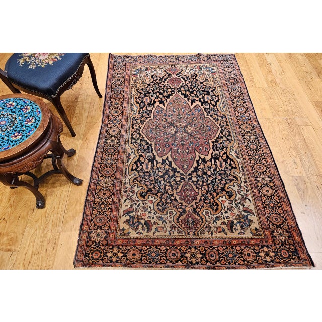 Black 19th Century Persian Farahan Sarouk Rug, Hand-Knotted Wool, Floral Pattern, Navy & Plum Red, 4x6 For Sale - Image 8 of 18