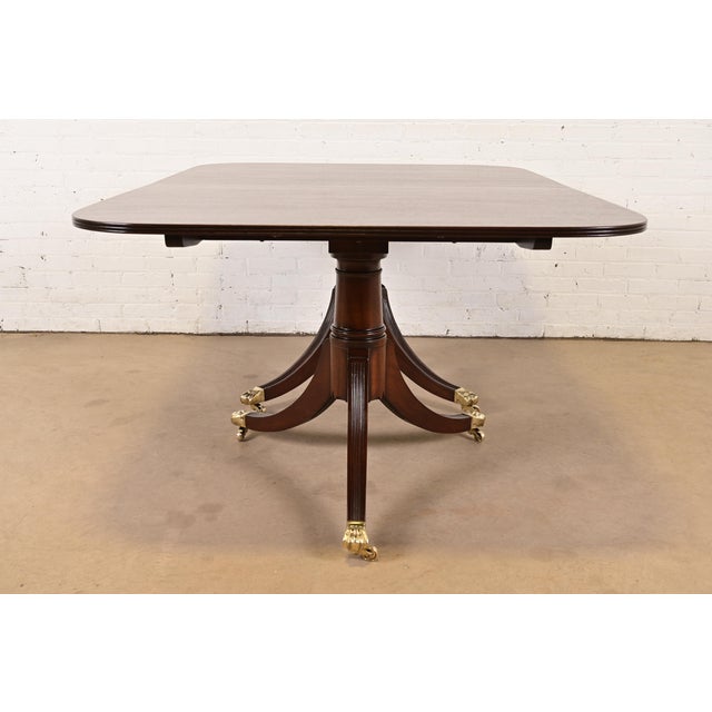 Baker Furniture Style English Georgian Mahogany Triple Pedestal Extension Dining Table, Newly Refinished For Sale - Image 11 of 12