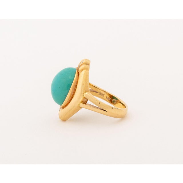 Late 20th Century Vintage Modernist 14k Yellow Gold Turquoise Diamond Ring For Sale - Image 5 of 7